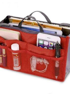 Organizer- Bag/ Makeup /Purse Insert/ Divider /Cosmetic Tote/ - Red & Gray NWT